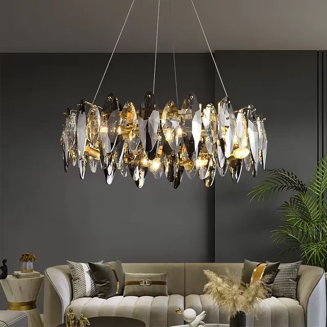 Circle design led pendant light luxury Smoke Gray stainless steel crystal glass chandeliers