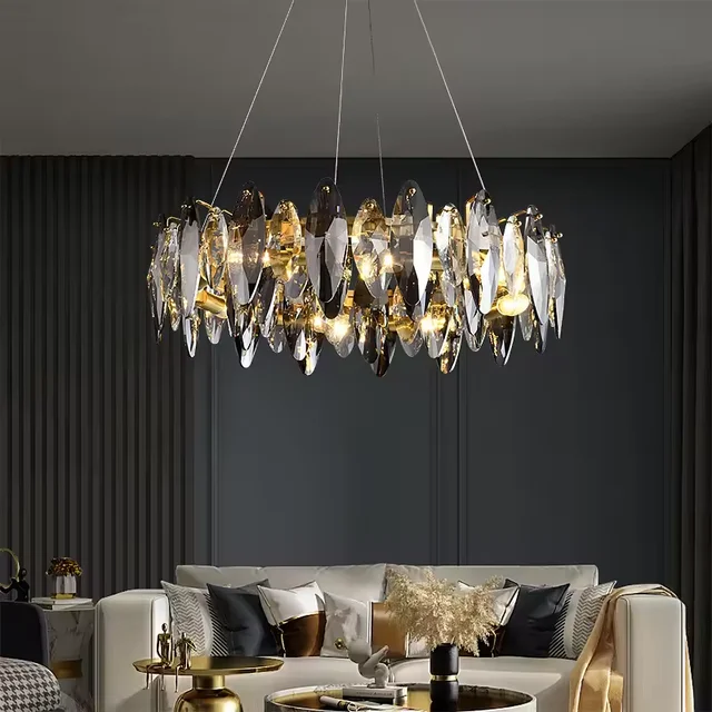 Circle design led pendant light luxury Smoke Gray stainless steel crystal glass chandeliers