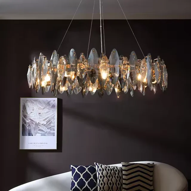 Circle design led pendant light luxury Smoke Gray stainless steel crystal glass chandeliers