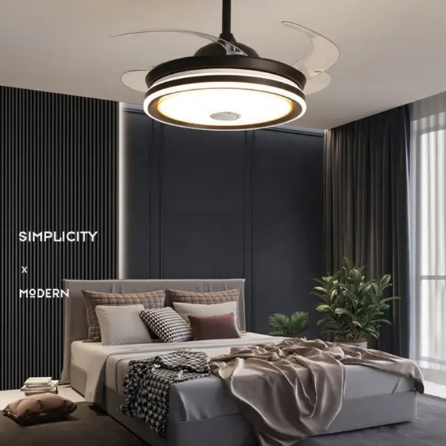 Retractable Blade Living Room flush mount modern led ceiling fan light with light