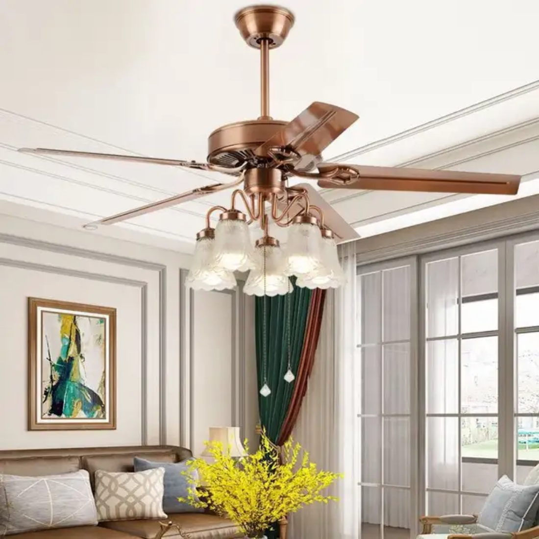 Retro flower Led Ceiling fan with light and remote control