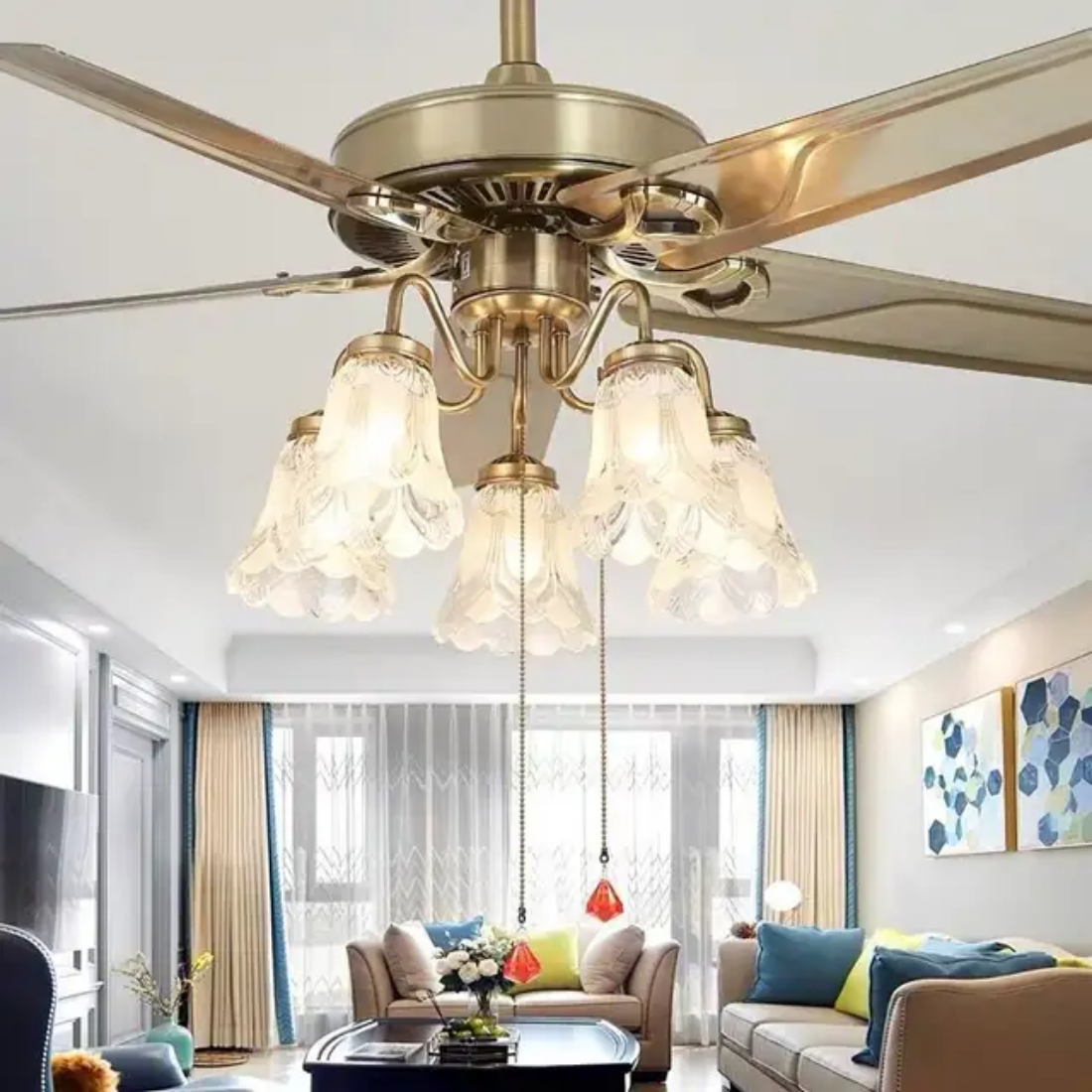 Retro flower Led Ceiling fan with light and remote control