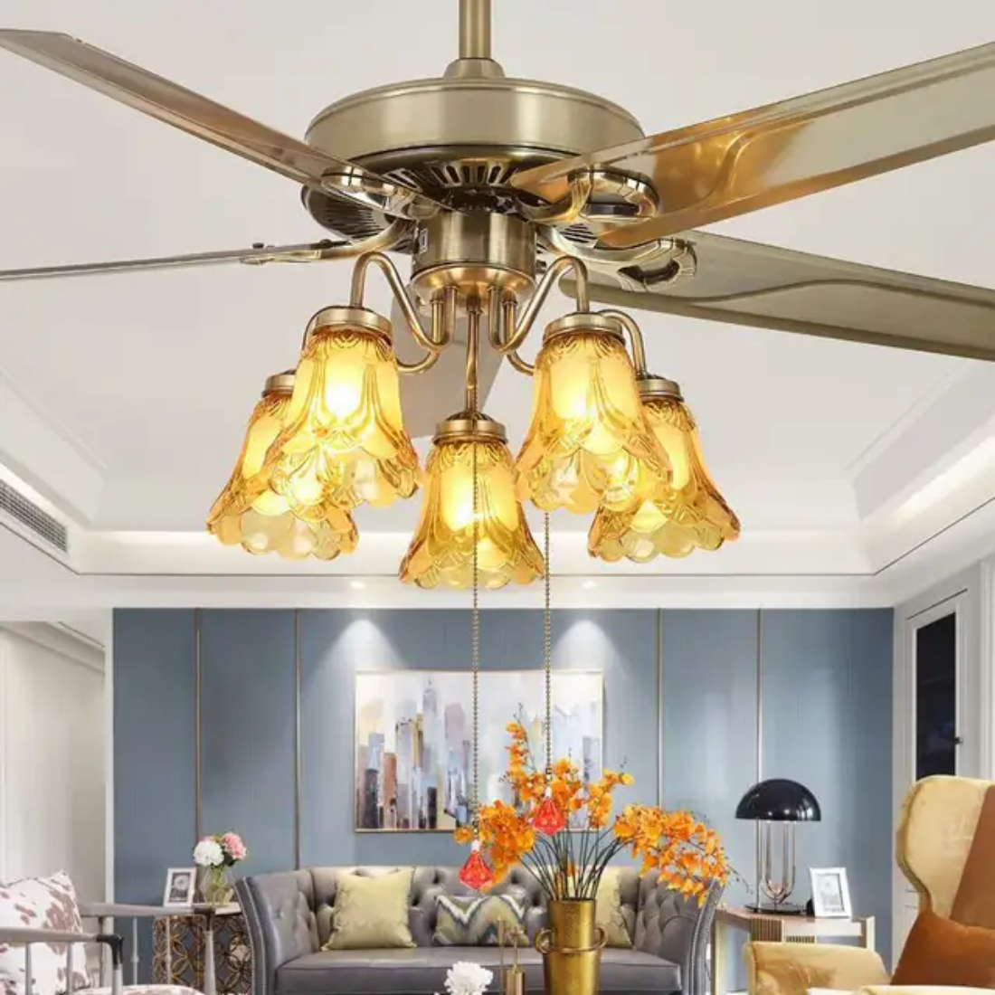 Retro flower Led Ceiling fan with light and remote control