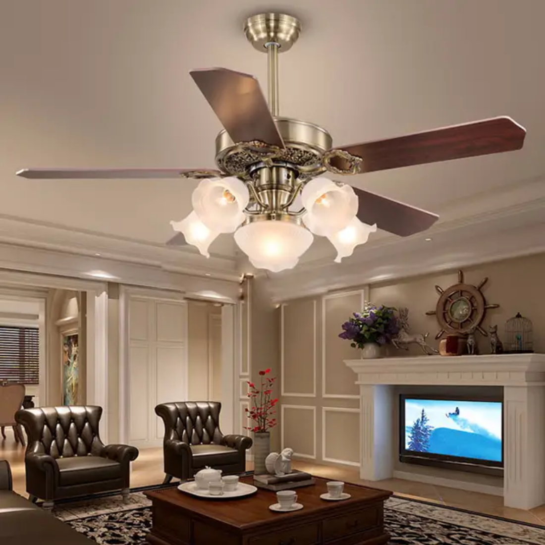 Retro Style Vintage Remote Control modern flower Led Ceiling Fan With Light