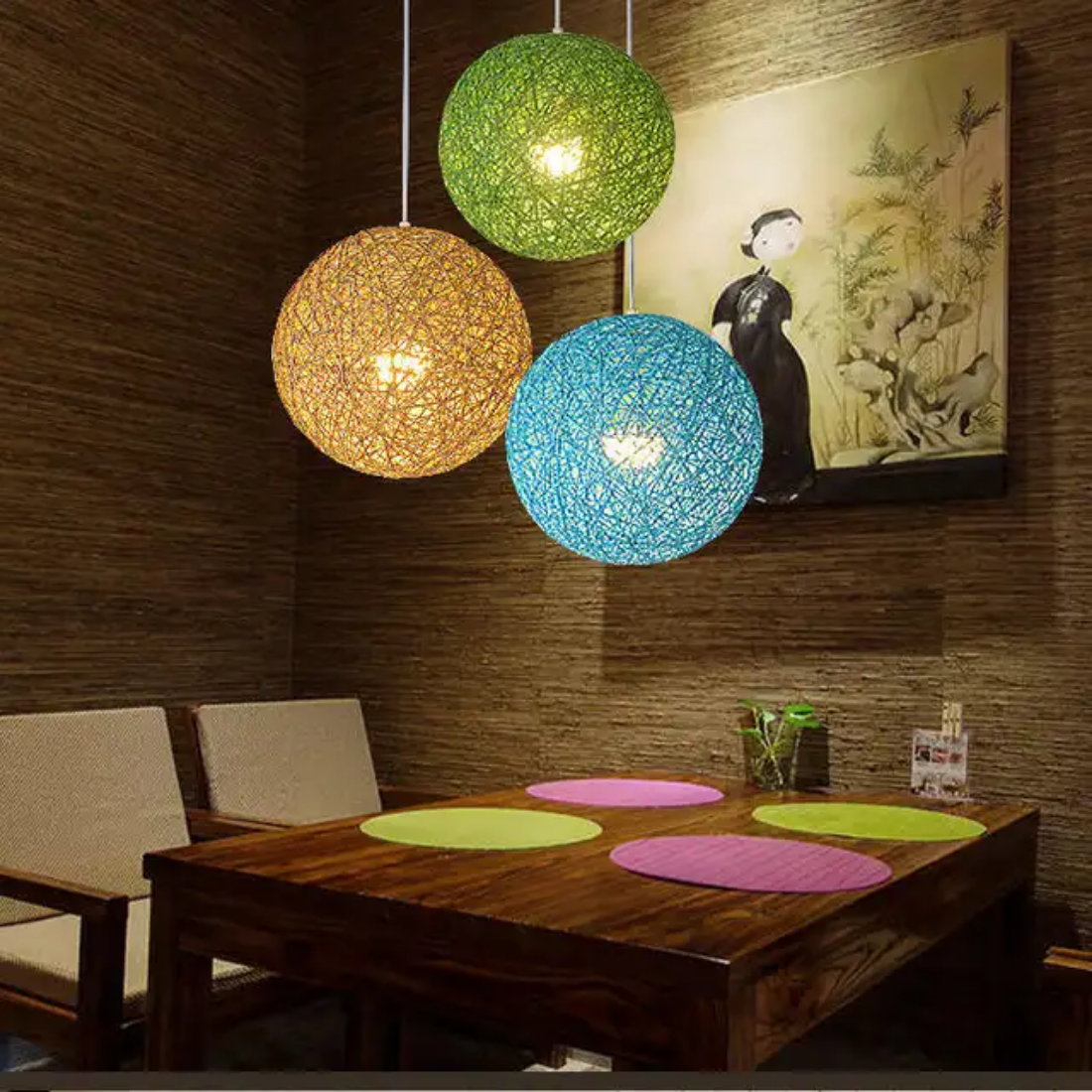 Bamboo Shades pendant light Indoor round led bamboo hanging Lighting