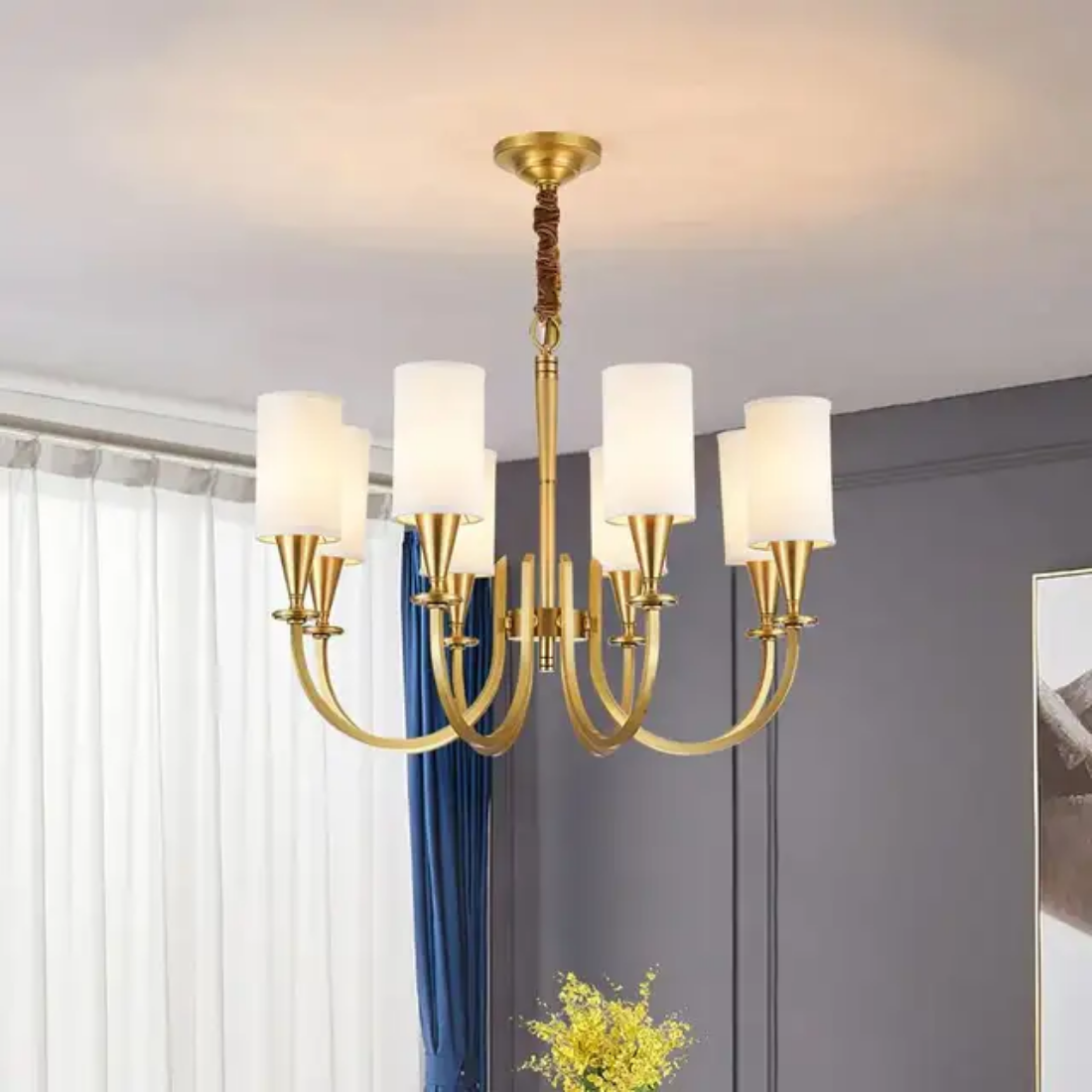 American Retro style Pendant Light Brass Copper fabric shade chandelier