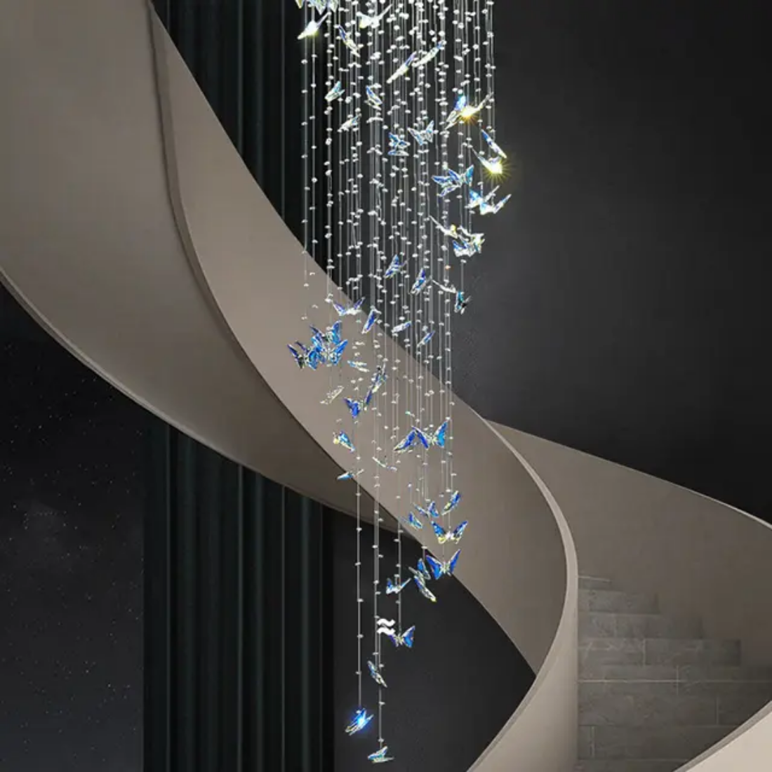 Staircase long Colorful butterfly Led crystal spiral chandelier