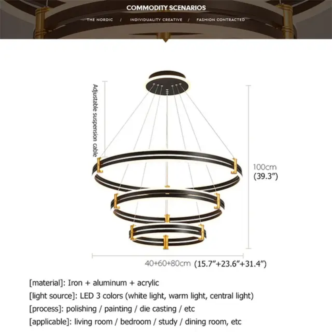 Fixture round multy ring Pendant Light Contemporary acrylic rings black finish pendant light