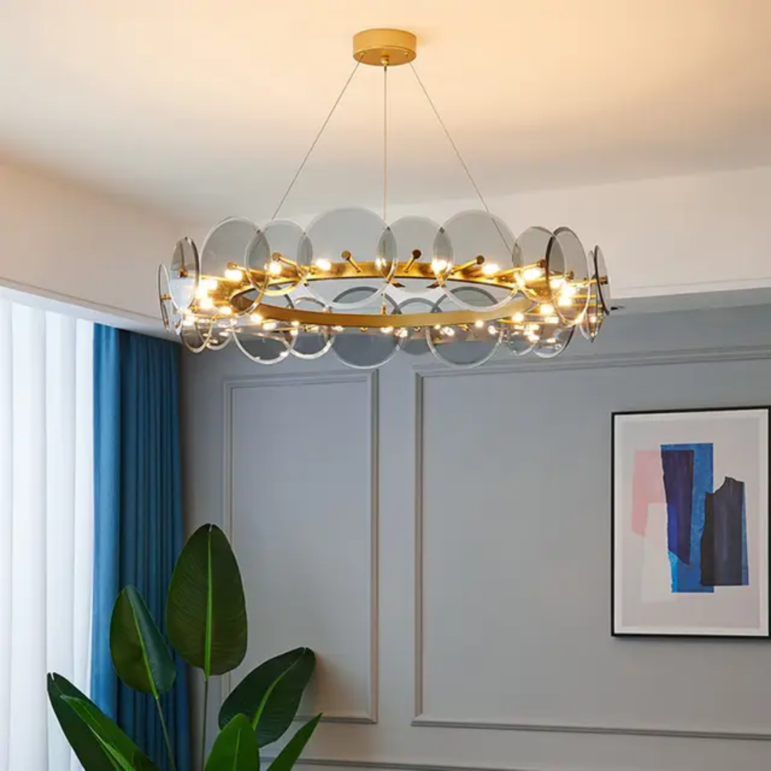 Round golden circle single ring gray glass pendant light