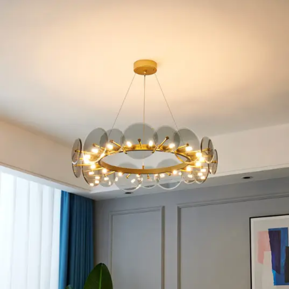 Round golden circle single ring gray glass pendant light