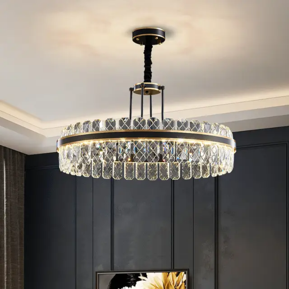 Decorative black round ring connected crystal dimmer pendant light