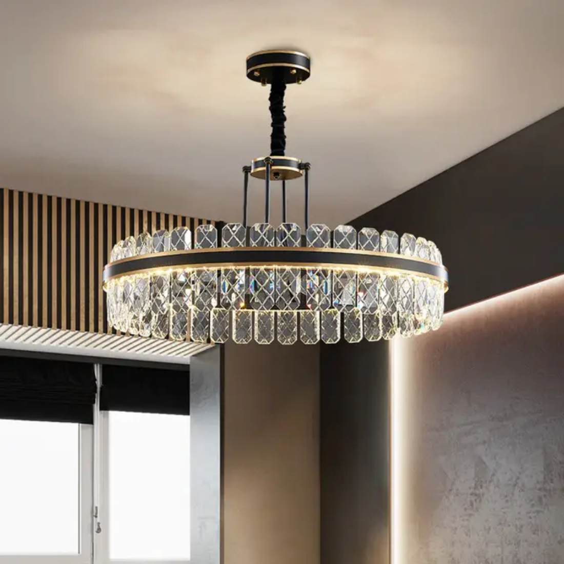 Decorative black round ring connected crystal dimmer pendant light