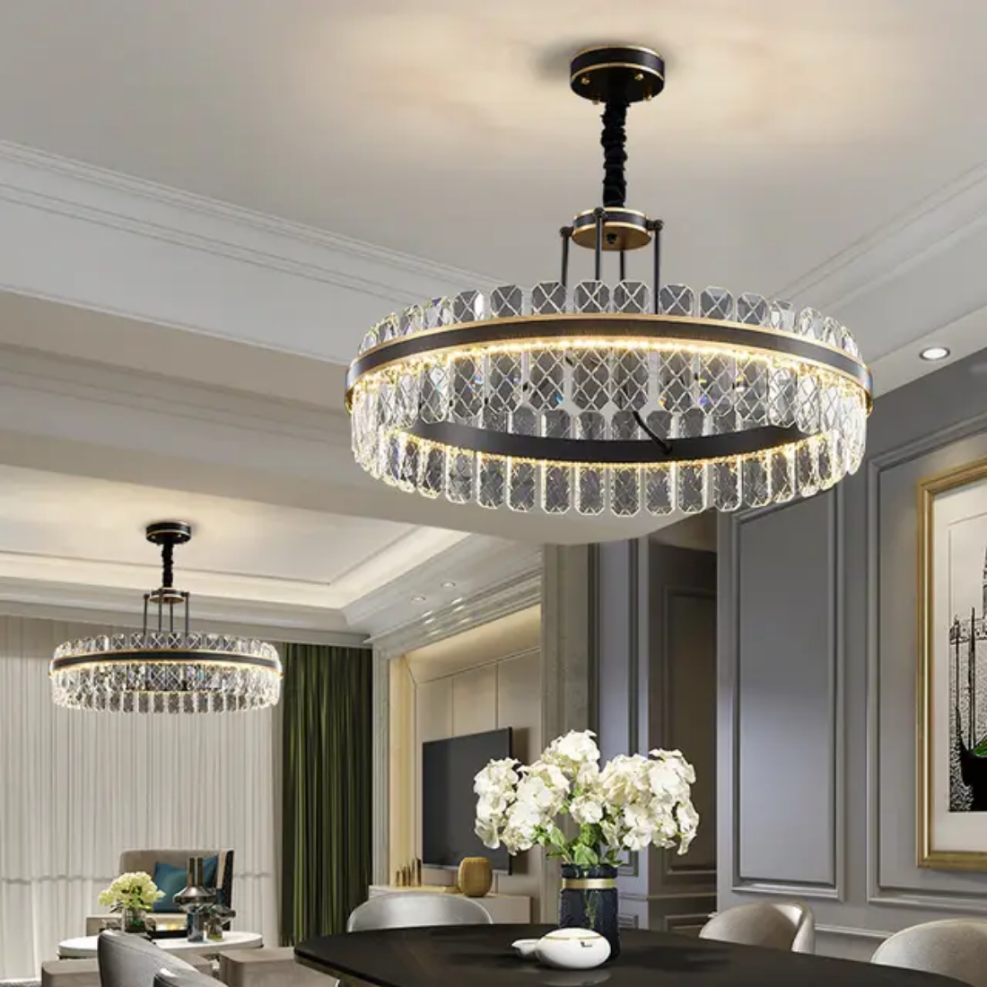 Decorative black round ring connected crystal dimmer pendant light