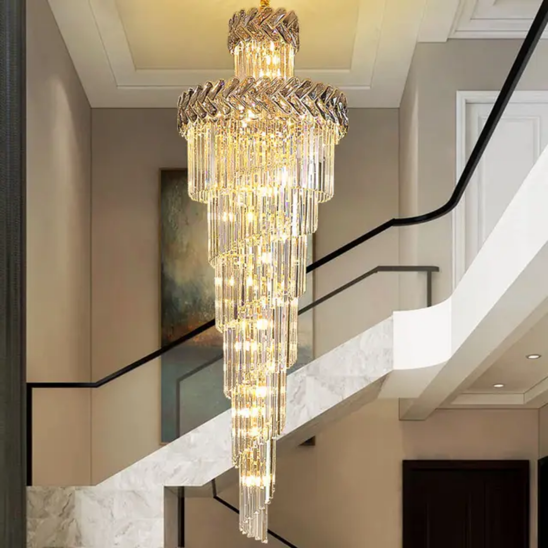 Modern staircase hanging light wedding large long spiral luxury led crystal chandeliers for home