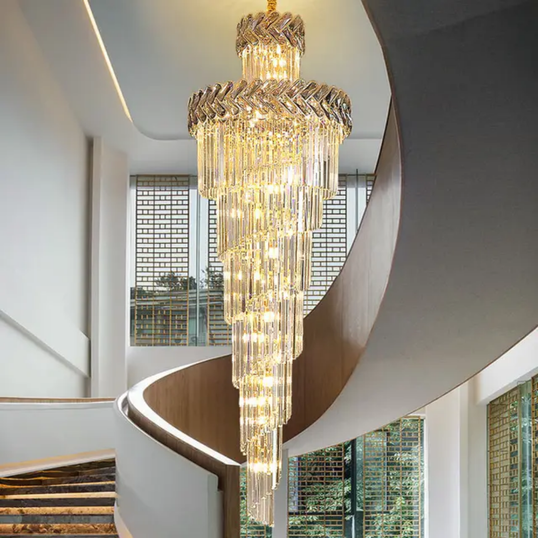 Modern staircase hanging light wedding large long spiral luxury led crystal chandeliers for home