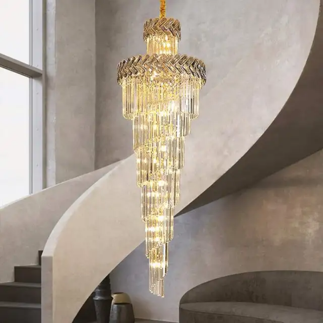 Modern staircase hanging light wedding large long spiral luxury led crystal chandeliers for home