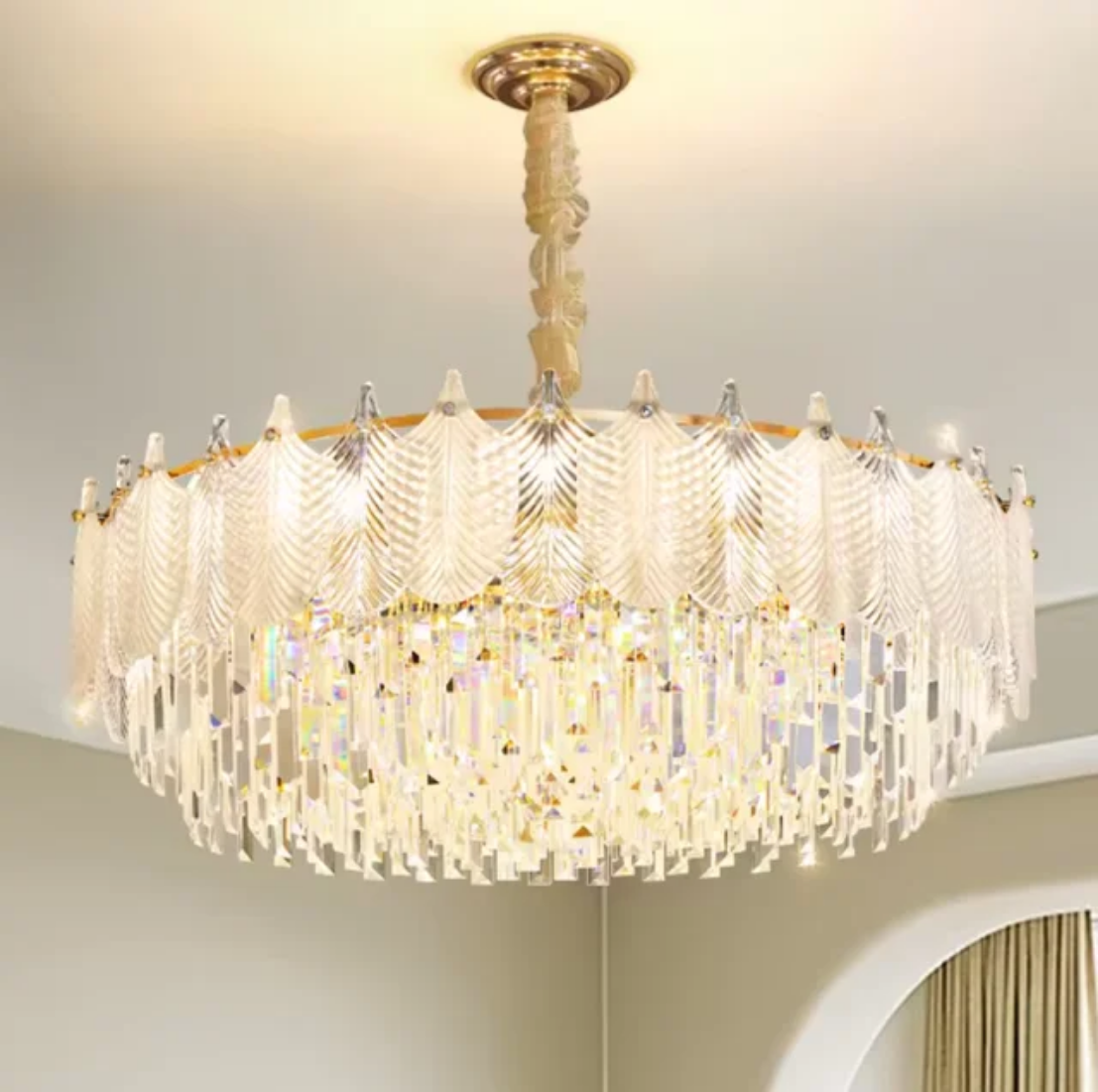 French Modern led round crystal leaf chandelier