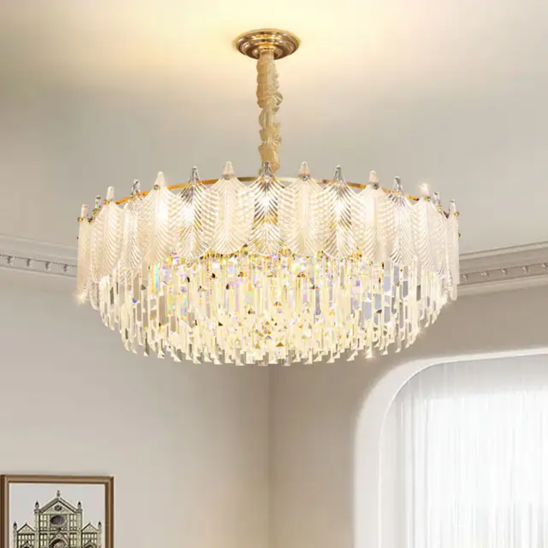 French Modern led round crystal leaf chandelier