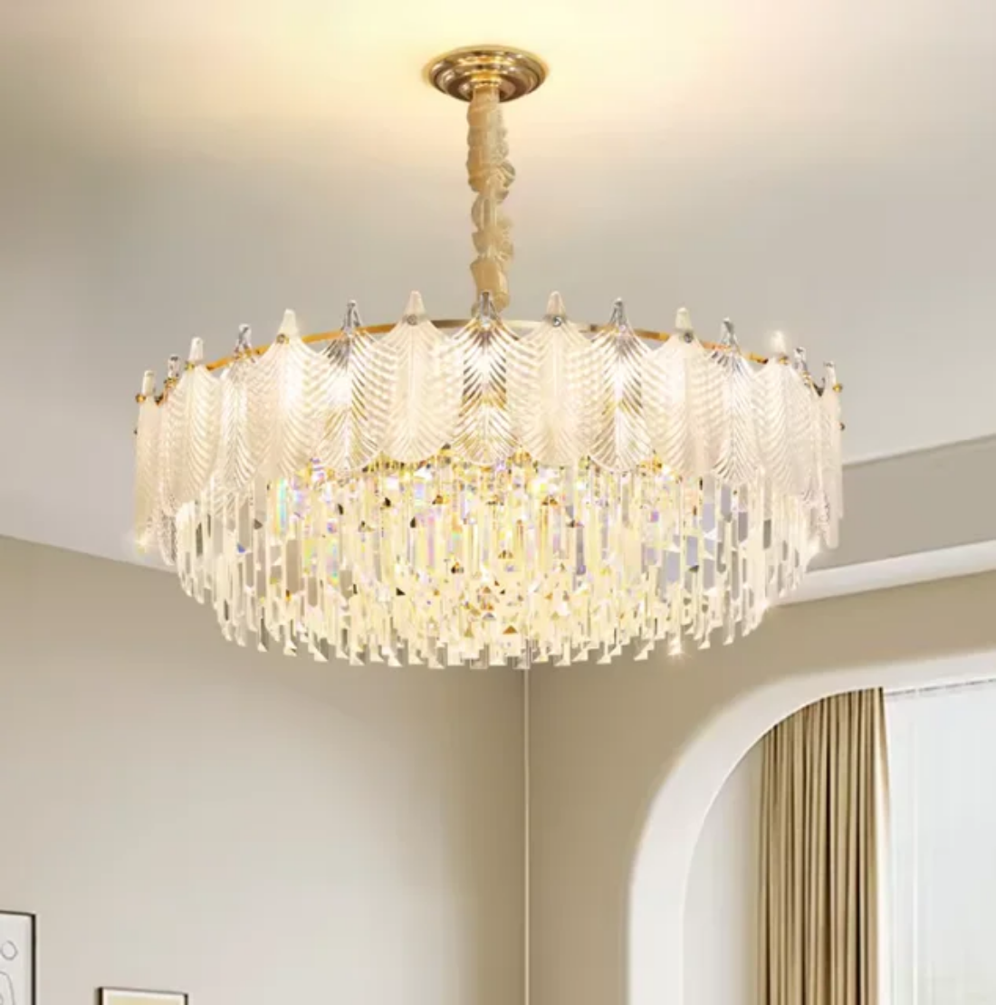 French Modern led round crystal leaf chandelier