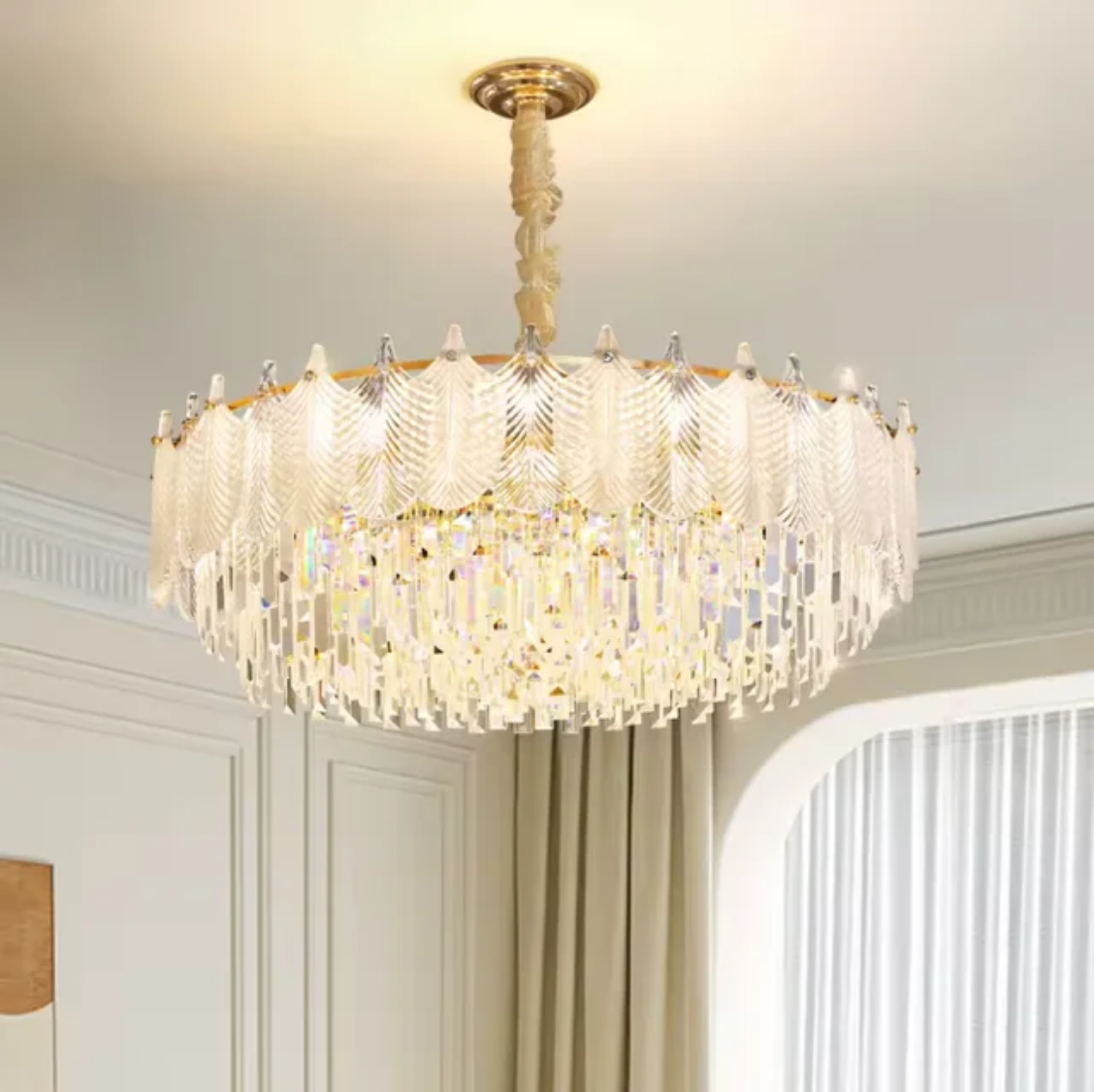 French Modern led round crystal leaf chandelier