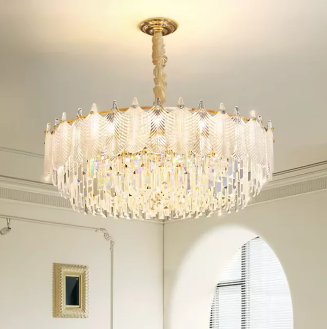 French Modern led round crystal leaf chandelier