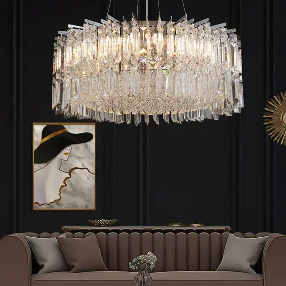 Silver rectangular round led crystal chandelier