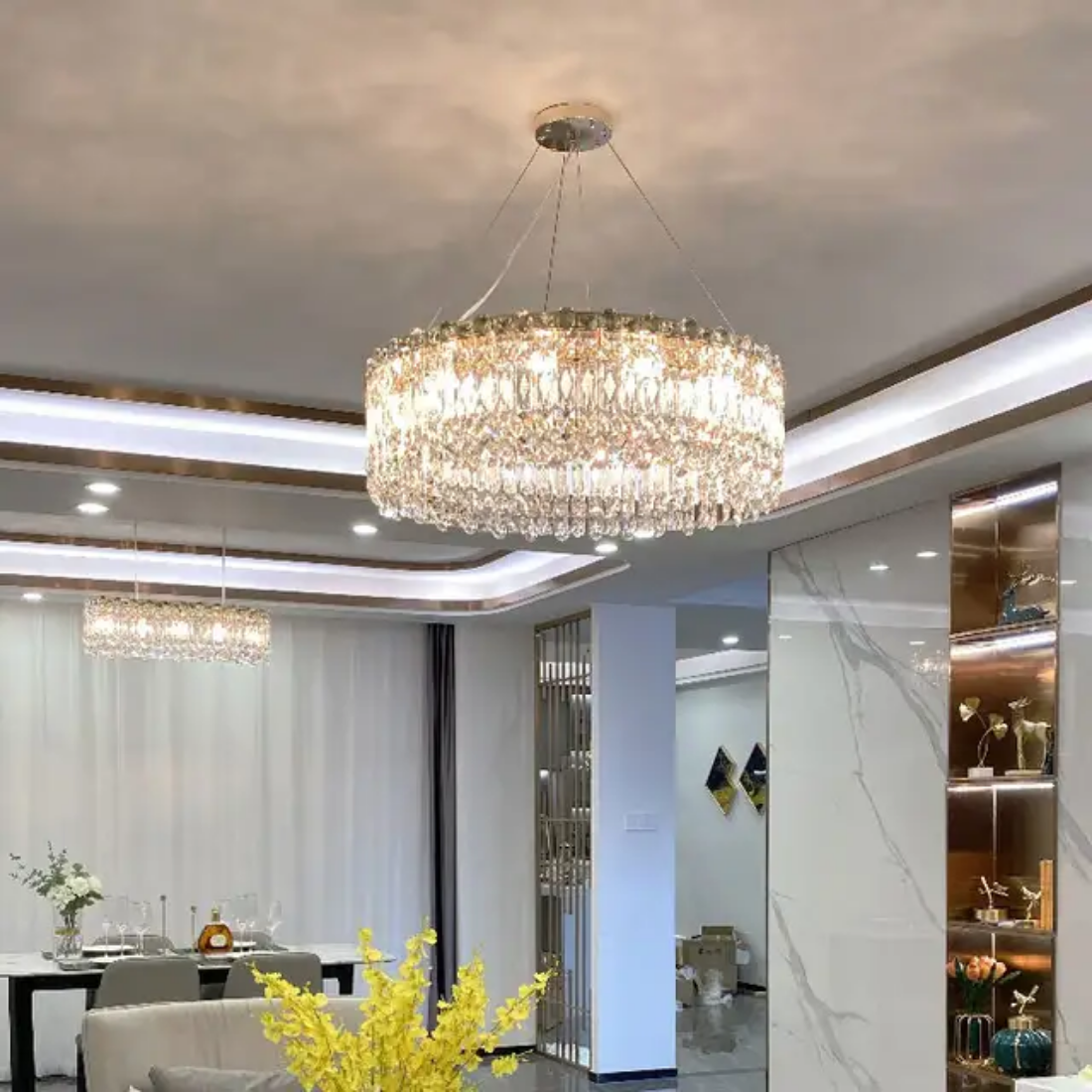 Stainless steel linear round circles ceiling crystal chandelier