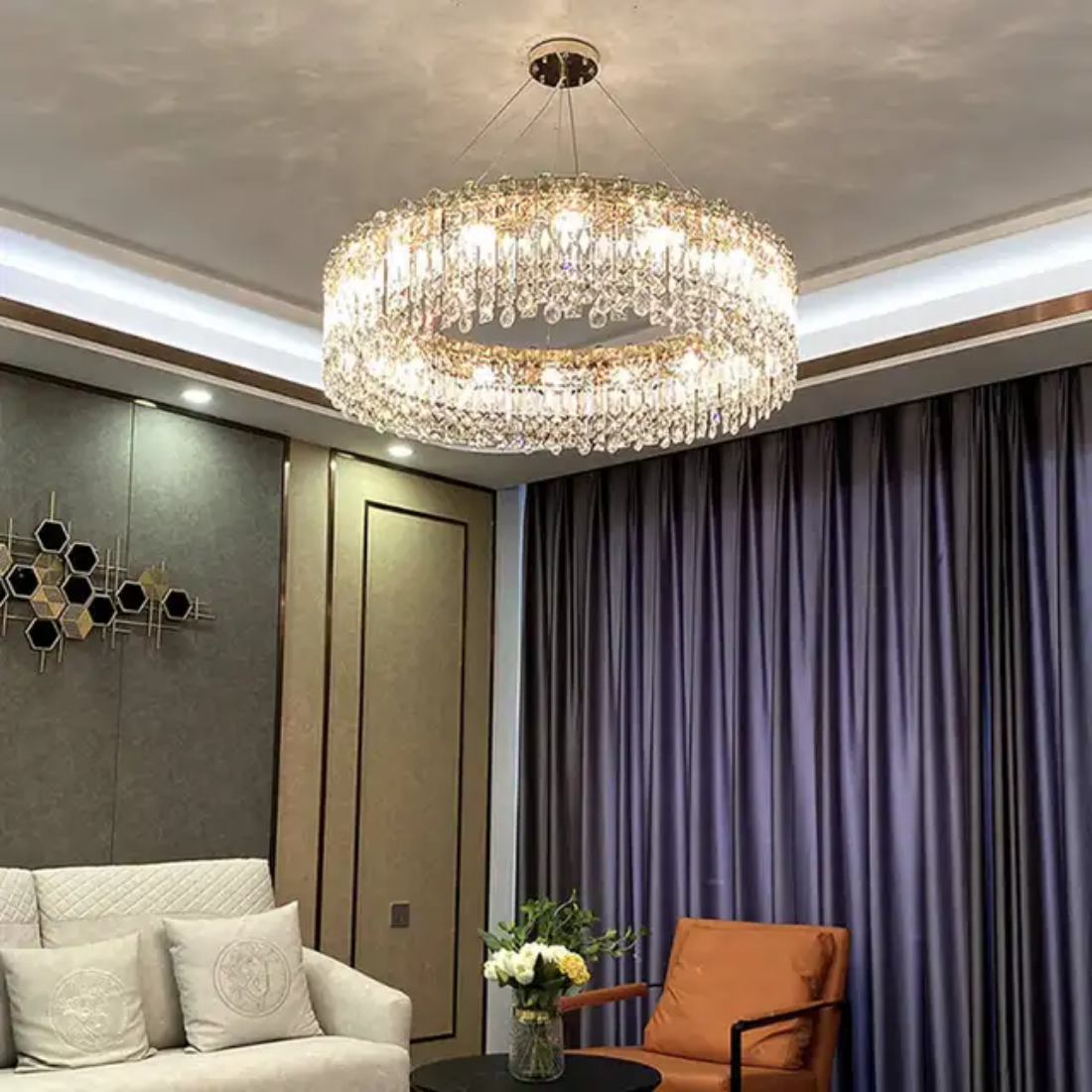 Stainless steel linear round circles ceiling crystal chandelier