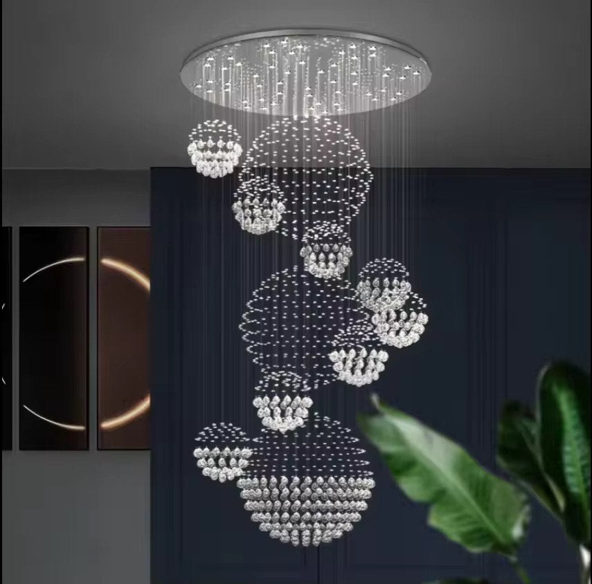 Double height crystal ball long pendant light modern crystal chandelier for staircase