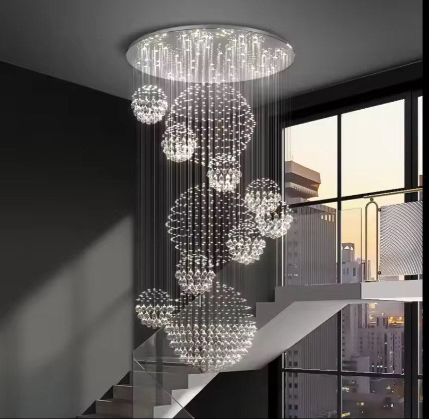 Double height crystal ball long pendant light modern crystal chandelier for staircase