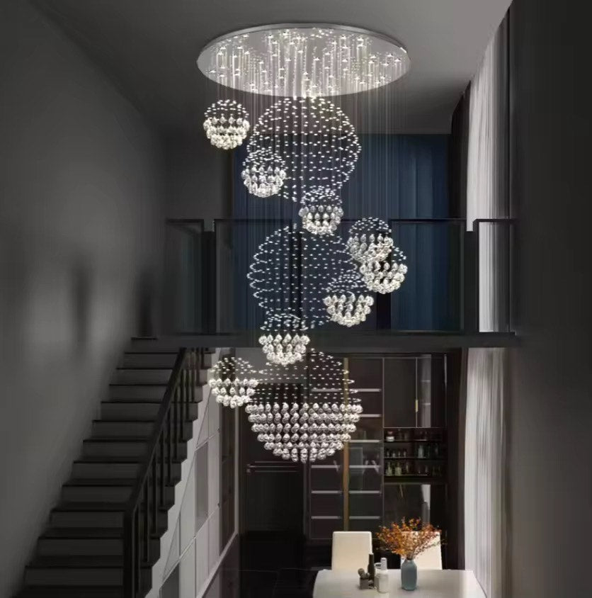 Double height crystal ball long pendant light modern crystal chandelier for staircase