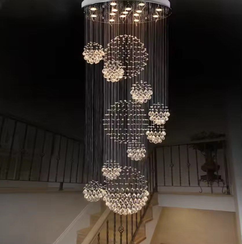 Double height crystal ball long pendant light modern crystal chandelier for staircase